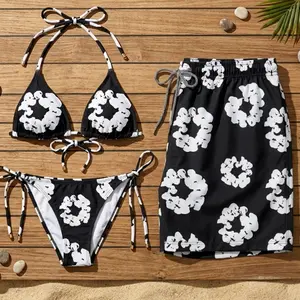 Matching Monochrome Floral Bikini and Men's Swim Shorts Set, String Triangle Two-Piece and Quick-Dry Beach Board Shorts for Couples