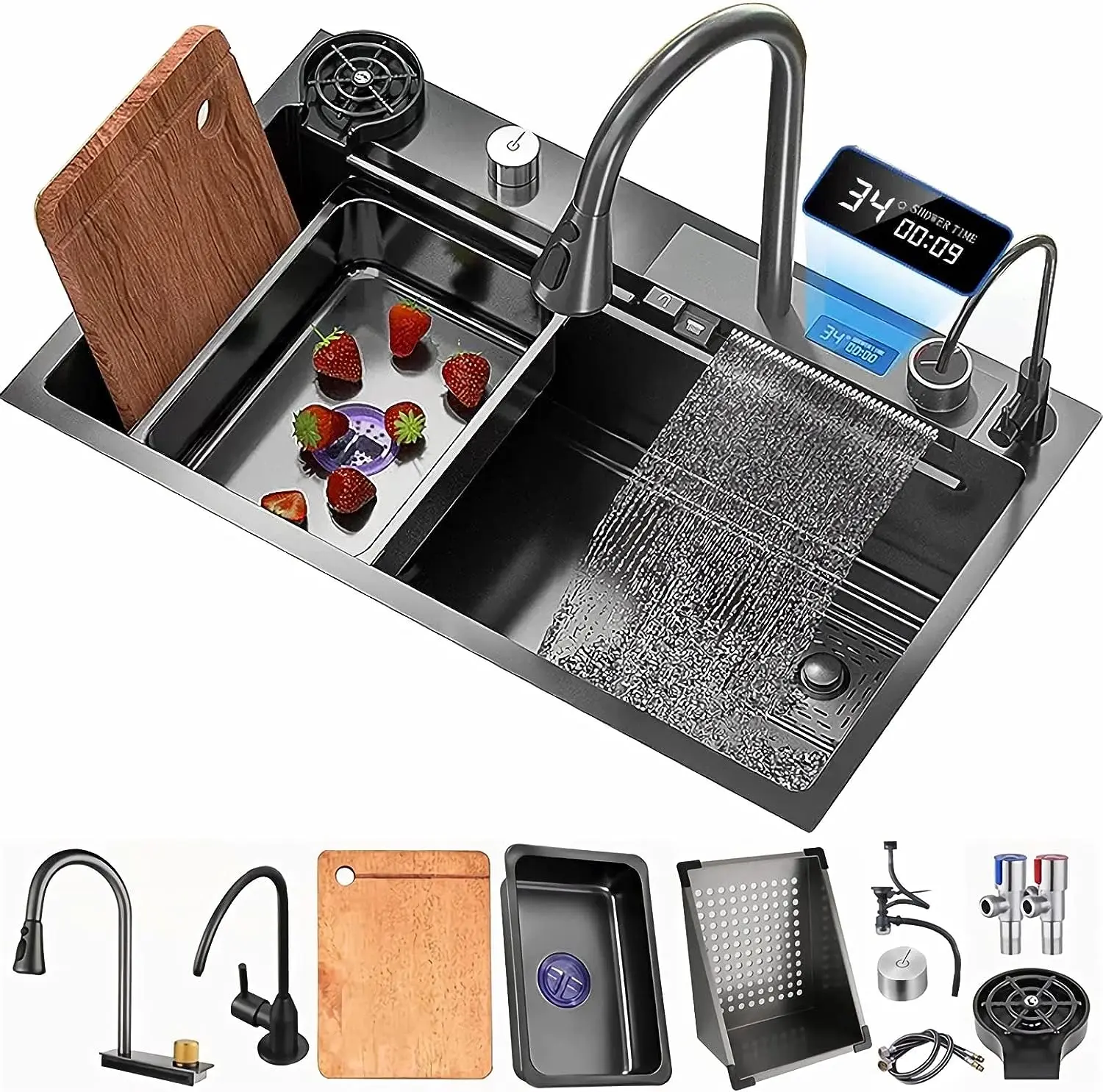 Bronstarz 33*22 INCH Black Nano Drop In Sink 304 Stainless Steel Waterfall Sink with Pull Down Sprayhead Faucet Single Bowl Drop In Kitchen Sink Workstation with LED TEMP Display (33 x 22 IN)