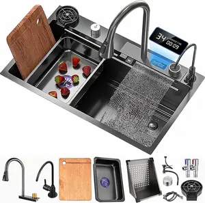 Bronstarz 29.5*18 INCH Black Nano Drop In Kitchen Sink 304 Stainless Steel Waterfall Sink with Pull Down Sprayhead Faucet Single Bowl Drop In Kitchen Sink Workstation with LED TEMP Display (29.5 x 18 IN)