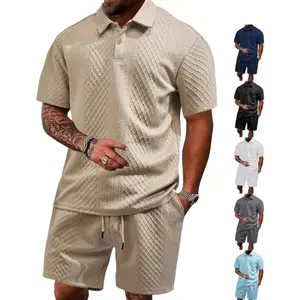 Mens Casual Polo Shirt Shorts Set Short Sleeve Textured Jacquard Polo Drawstring Shorts Summer 2 Piece Tracksuit Breathable Lightweight Polo Set Trendy Athleisure Wear