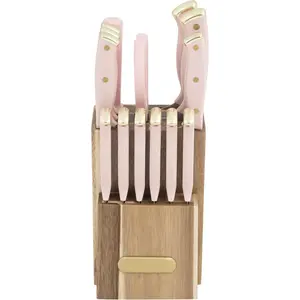 Farberware 15-Piece Triple Riveted Acacia Knife Block Set, High Carbon-Stainless Steel Kitchen Knives with Ergonomic Handles, Razor-Sharp Knife Set, Pink and Gold