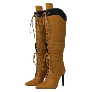 EROCALL Women's Two Tone Knee High Boots Lace Up Pointed Toe Faux Leather Stiletto Heel Dress Boots for Fall Winter