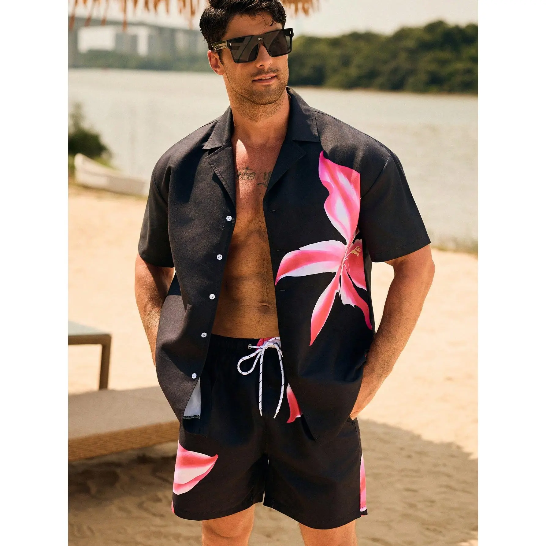Men's 2-Pcs Casual Boho Street Wear Matching Set - Short Sleeve Button Down Shirt & Drawstring Waist Shorts, Tropical Floral Print, Soft Fabric, Slant Pockets, Drop Shoulder, Colorblock, Outdoor Summer Holiday Outfits
