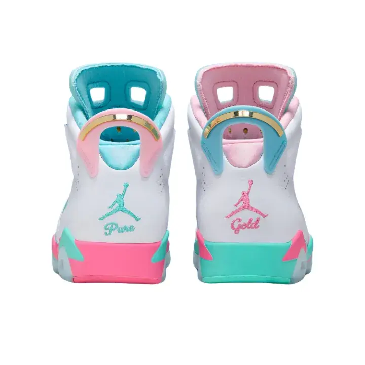 White-Pink-Turquoise High-Top Basketball Shoes, featuring a white leather upper with turquoise and pink color-blocking. Gold accents enhance visual hierarchy, ideal for streetwear styling and charitable expression.