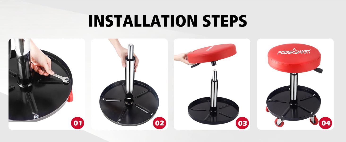 PowerSmart 360° Rolling Mechanic Stool with Tool Tray, Adjustable 15-20 Inches, 300 lbs Capacity, Comfortable & Durable for Garage/Shop Use(PS1101)