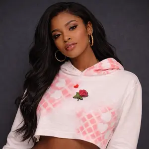 White Waffleback "Love Spells" Crop Top Hoodie with Embroidered Rose and Heart