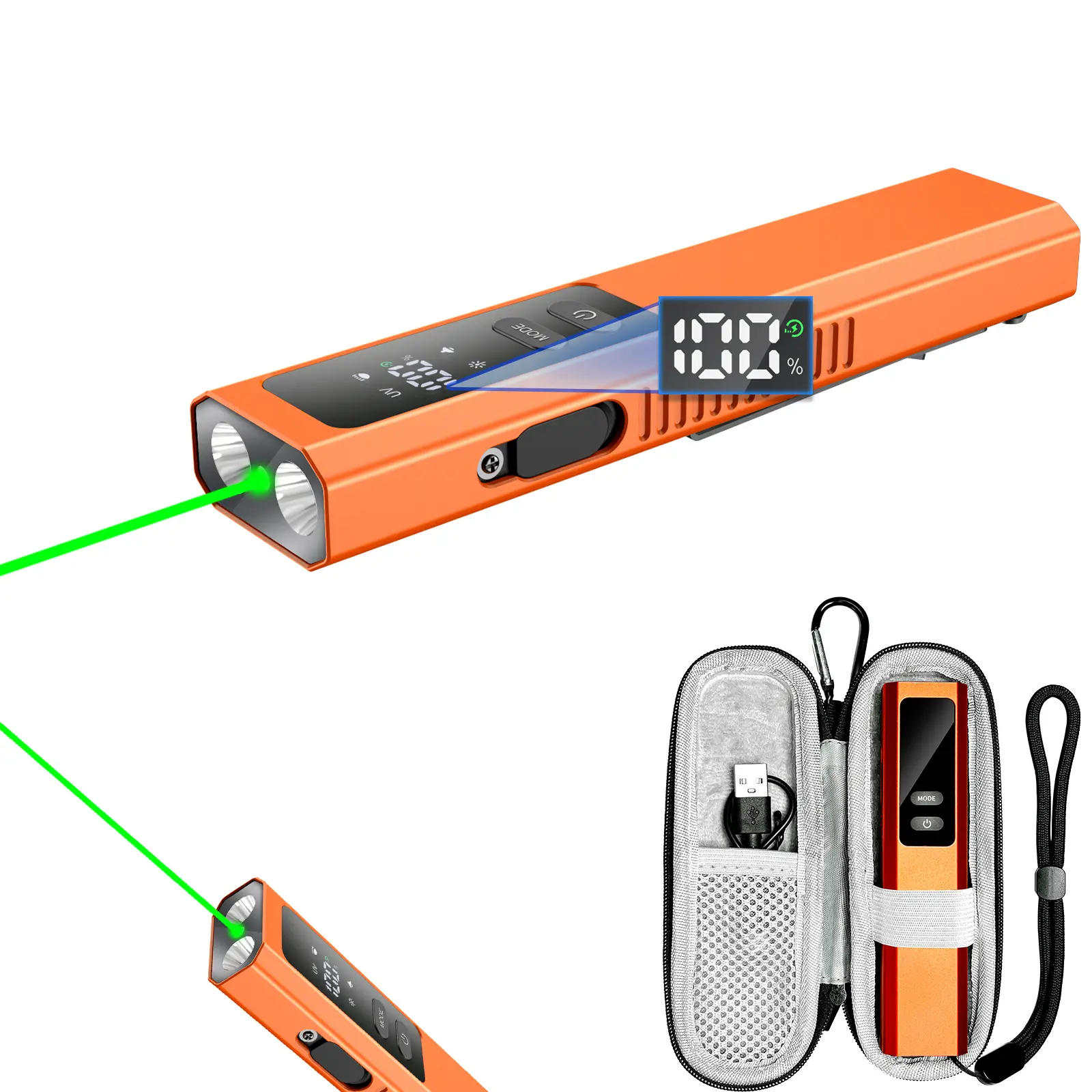 5-IN-1 EDC Flat Flashlight, White, Green Pointer, UV Light, Red Strobe Comb