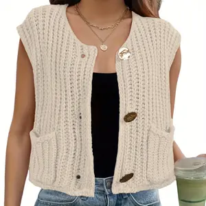 Women's Short Sleeveless Chunky Knit Cardigan Sweater Vest with Pockets - Casual and Warm Button-Down Short Top