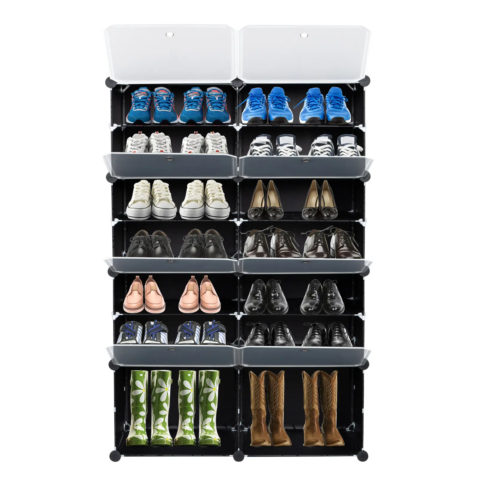 7-Tier Portable Shoe Rack Organizer - 28-Pair Capacity, 14-Grid Translucent Tower Shelf with Steel Frame, Expandable Black Metal-Plastic Storage Cabinet Stand for Heels, Slippers, Easy Household Installation for Room k System Shoe Rack Set