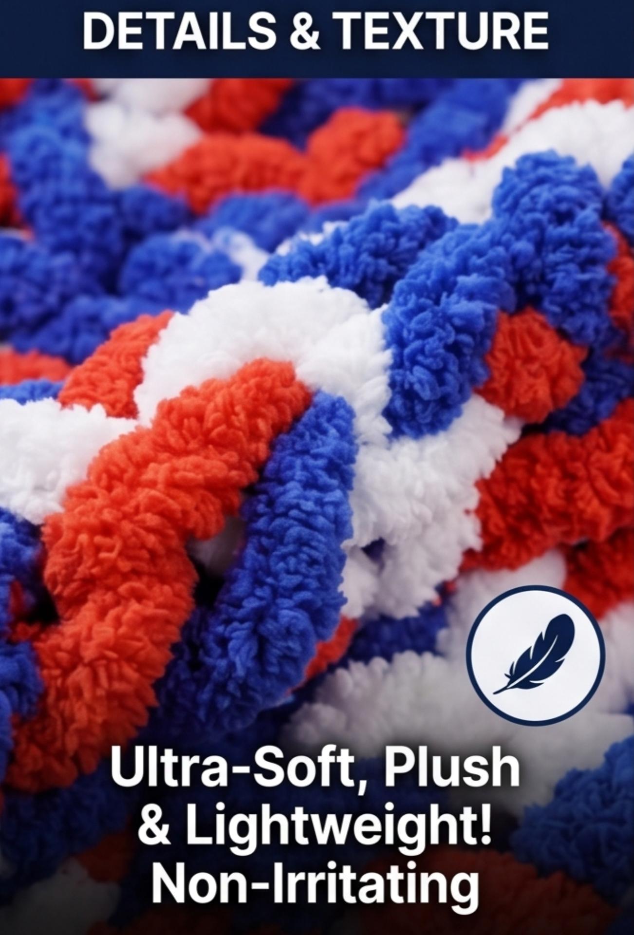 Patriotic Red White Blue Chunky Chenille Yarn (4 Pack) - No-Needle Finger Knit Yarn, Ultra Soft Plush Cat Tail Yarn for DIY Blankets & Gifts