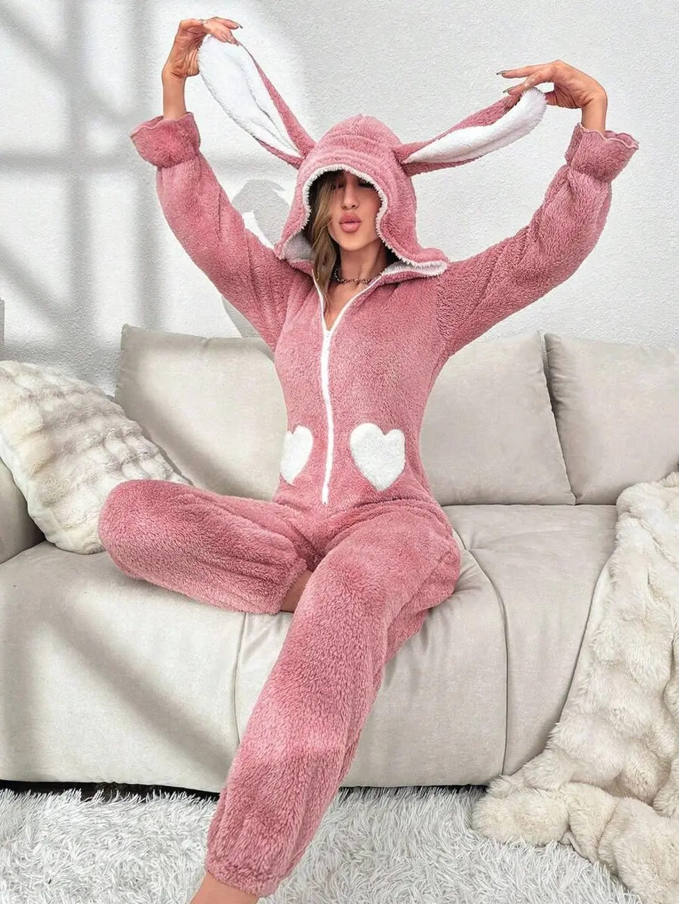 Pink Heart Pattern Hooded Flannel Sleep Jumpsuit with 3D Ear Accents