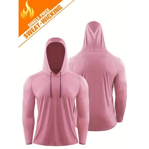 Men'S Polyester Hooded Long Sleeve Sweatshirt, Quick-Drying Breathable Sunscreen Top, Non-Stretch Knit Fabric, Solid Color, Loose Fit for Basketball, Running, Track, Marathon - 145gsm
