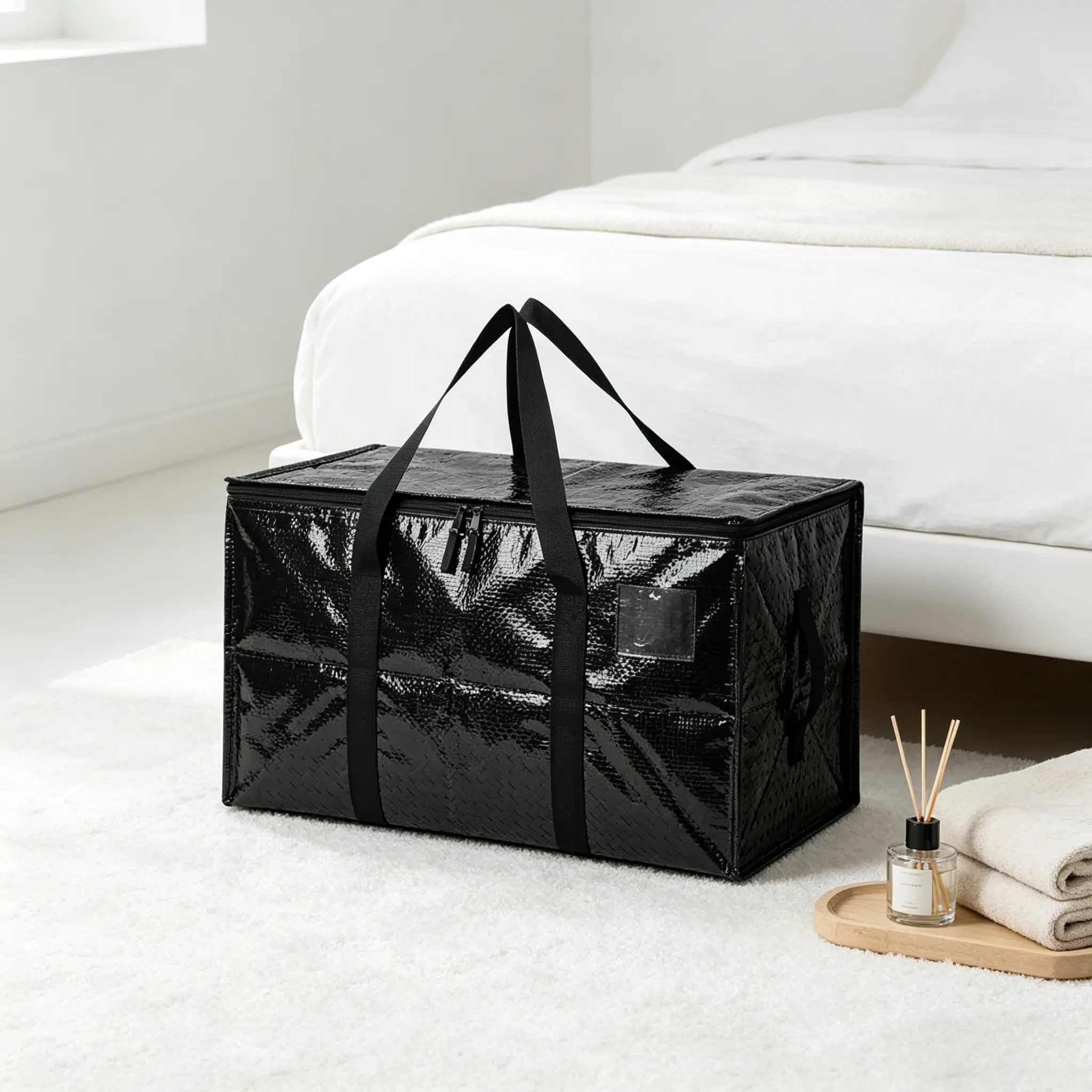 Large Heavy-Duty Black Multipurpose Storage Bags with Visible Labels, Wrap-Around Handles, Garage Pack Organiser - Lightweight Christmas Bedding Organizers, Space-Saving Moving Box Alternative