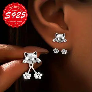 S925 Pure Silver Cat Paw Pendant Earrings, Cute Pet-Themed Hypoallergenic Gift for Ladies