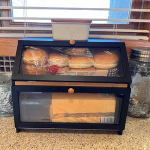 Black Double Layer Wooden Bread Box with Large Capacity, Great Gift for Kitchen Decor