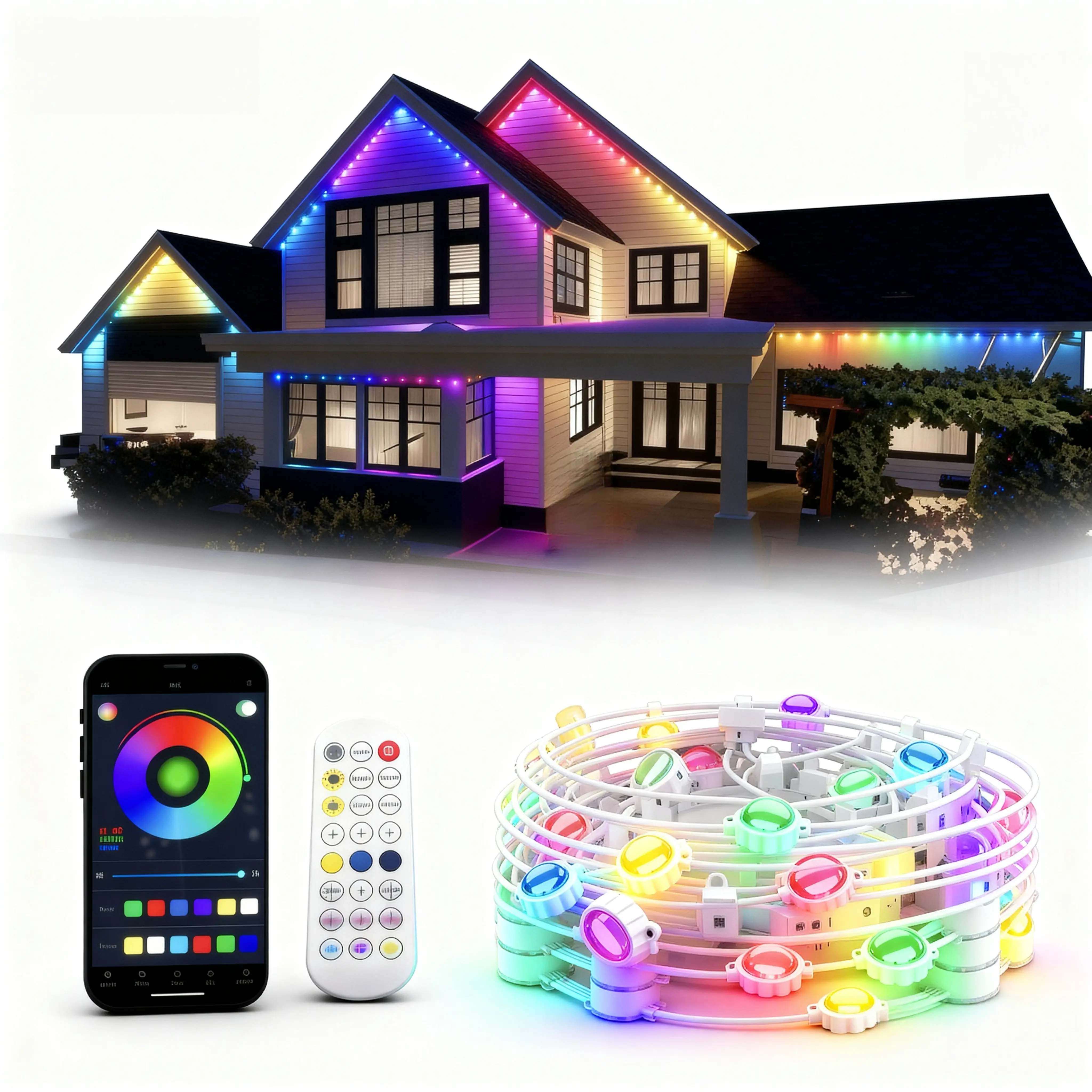 Upgraded Permanent Outdoor Landscape Lights IP67 Waterproof APP Remote Control 213 Modes 16M Colors for Roof Eaves Fence Backyard Pool Party Holiday Decor LIFETIME PERMANENT OUTDOOR LIGHTING