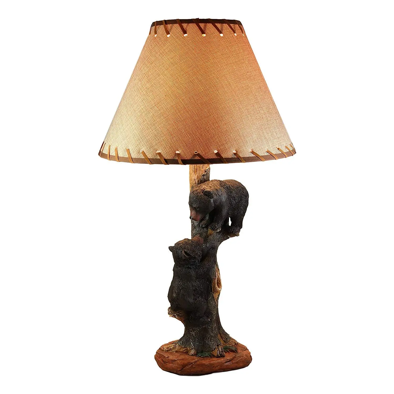 Ebros Helping Hand Whimsical Black Bear Cubs Climbing Tree Table Lamp Statue with Burlap Shade 24"High Wildlife Rustic Cabin Lodge Decor Forest Bears Family Desktop Lamps
