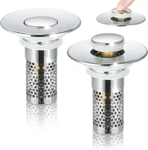 2PCS Bathroom Sink Stopper Strainer, Pop-Up Bathroom Sink Drain Strainer with Removable Stainless Steel Hair Catcher Basket, Universal Fit for US Bathroom Sinks, Bathtubs, Showers & Floor Drains