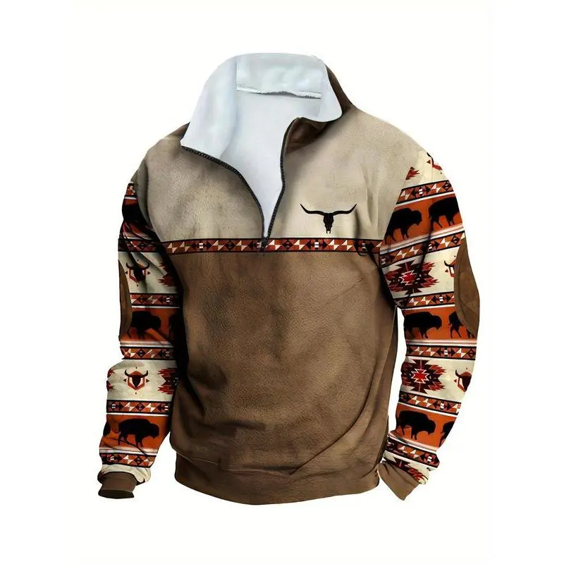 Men's Fall Winter Fitted Long Sleeve Hoodie, Colorblock Ethnic Print Design, Zipper Pockets, Casual Warm Retro Pullover JacketGift Men's Fall Winter Fitted Long Sleeve Hoodie, Colorblock Ethnic Print Design, Zipper Pockets, Casual Warm Retro Pullover JacketGift