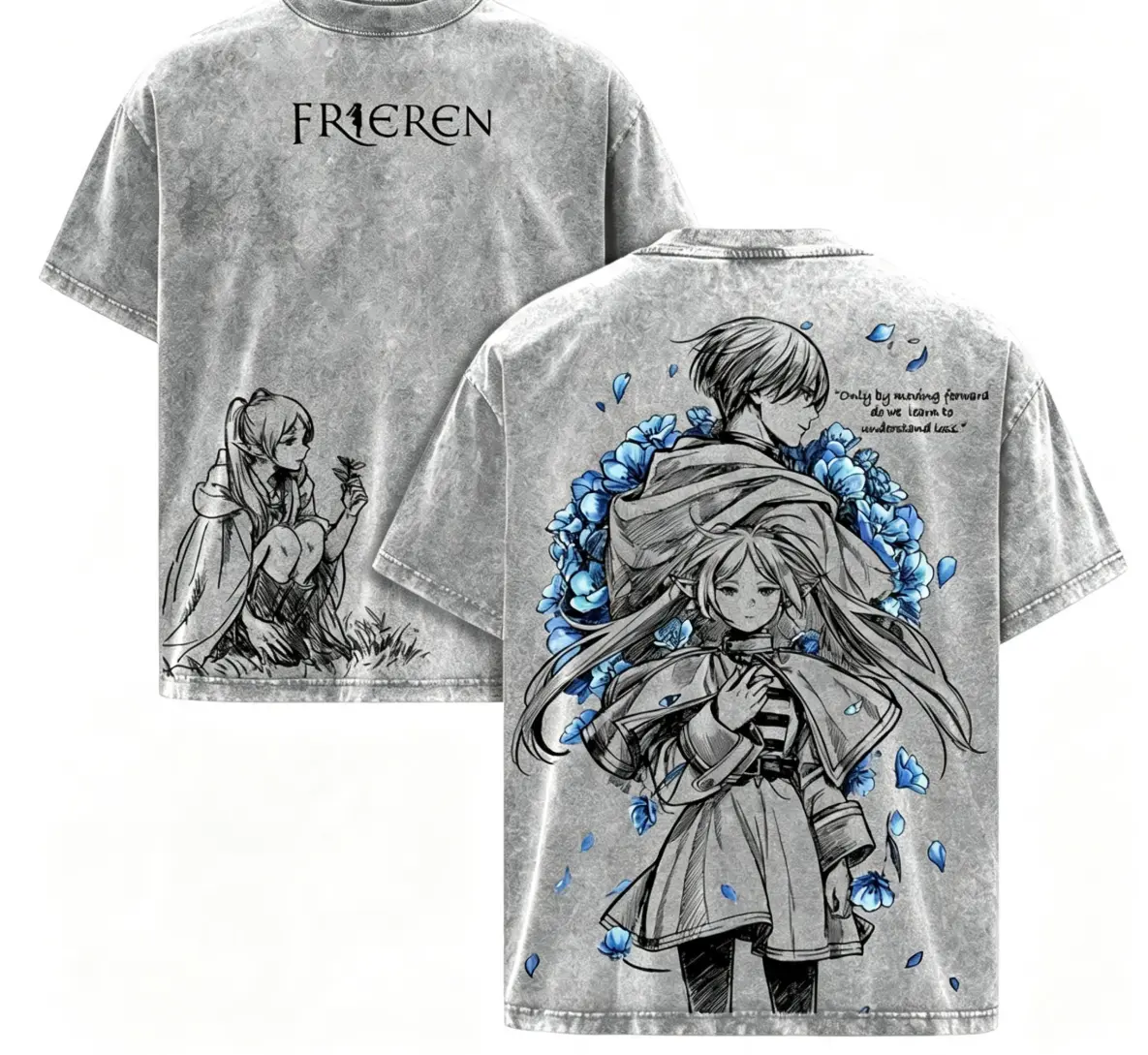 Frieren x Himmel Tee Washed – Frieren: Beyond Journey’s End Vintage Washed Heavy Cotton Oversized Anime Manga T-Shirt Hoodie, Double Printed Retro Unisex Streetwear Graphic Top, Love After the Journey Fantasy Edition all-season casual teeny t-shirt