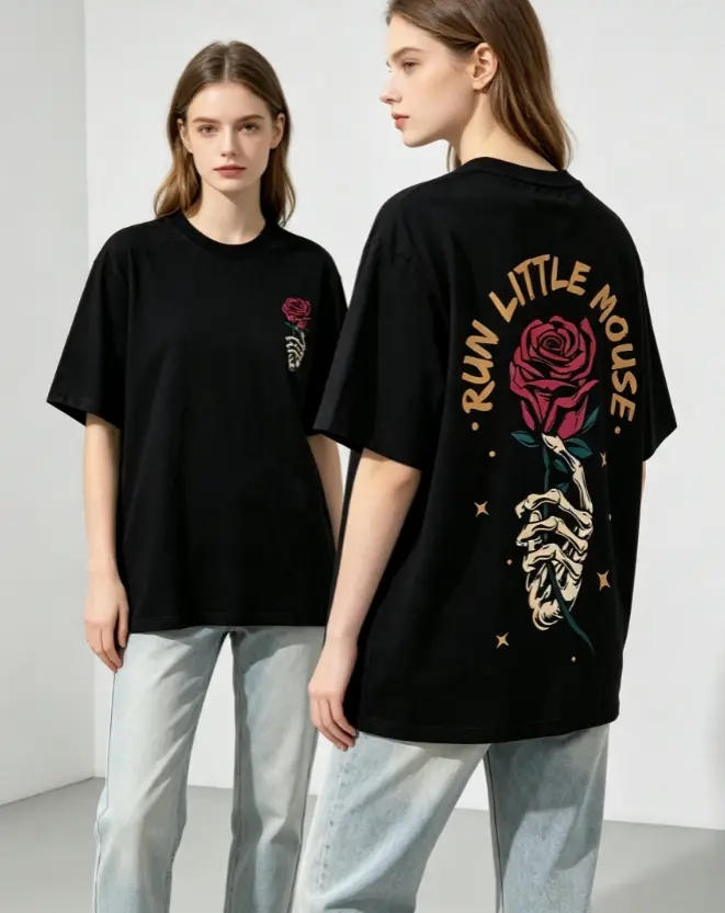 Unisex 100% Cotton Run Little Mouse Skeleton Hand Rose Graphic T-Shirt, Front & Back Print Vintage Gothic Short Sleeve Tee For Men Women
