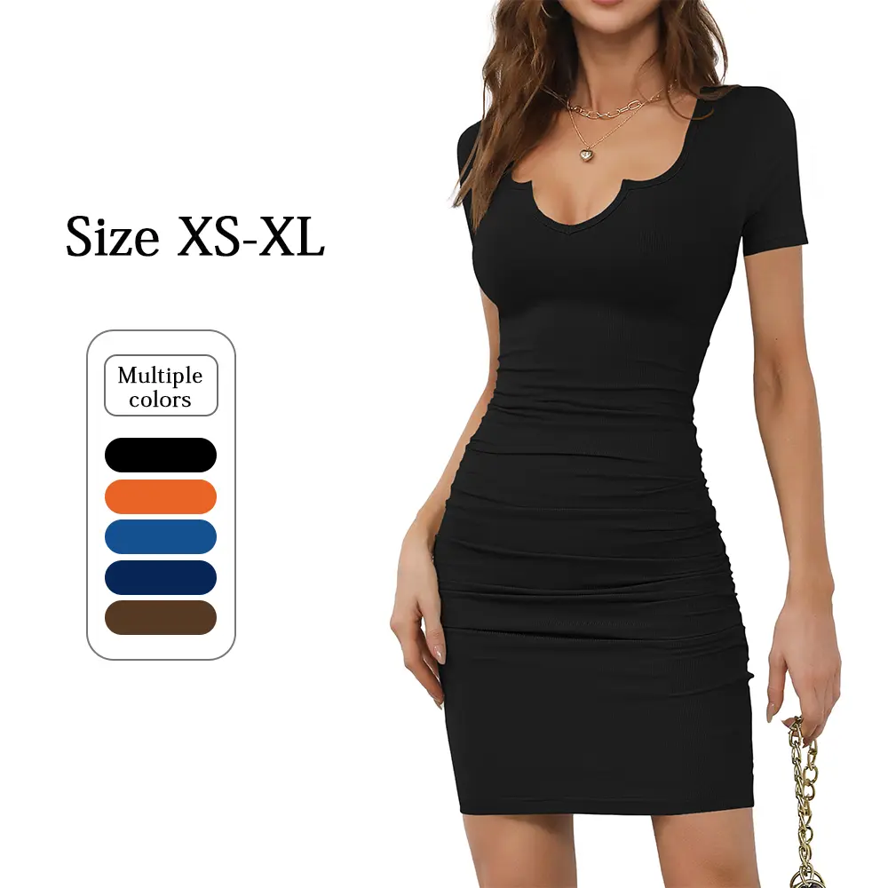 Women's Short-Sleeve V-Neck Ruched Soft Ribbed Knit Mini Bodycon Dress - Basic, Elegant, Comfortable Everyday Casual Summer Wear