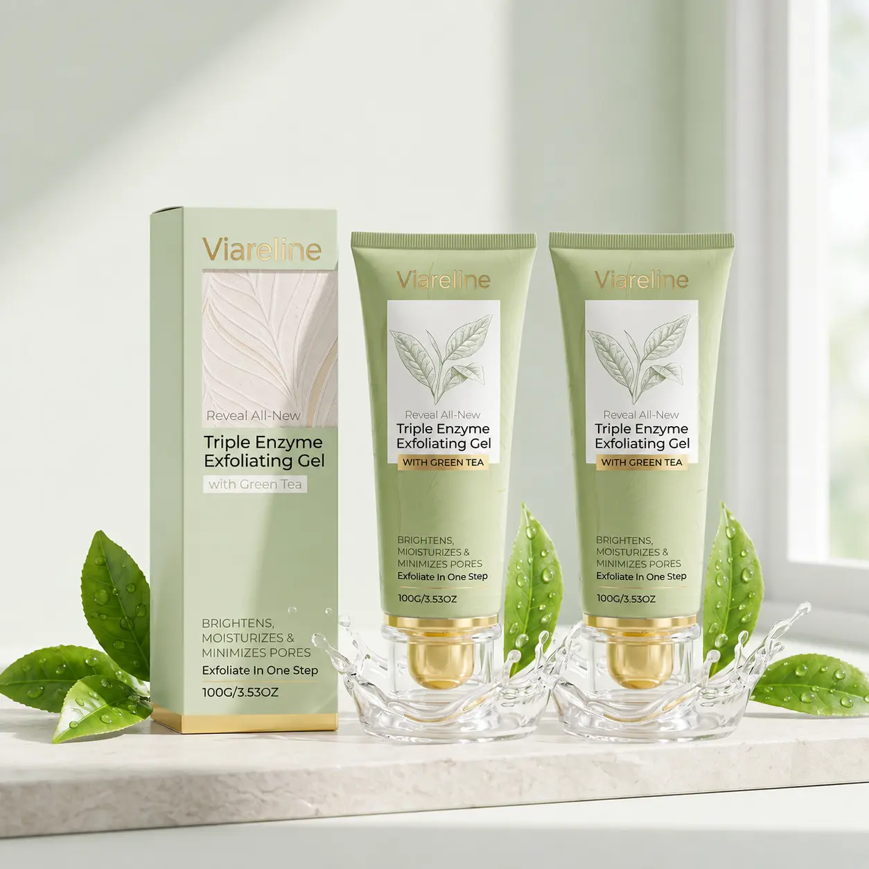 【1-4 PCS】Triple Enzyme Exfoliating Green Tea Aqua Peel Ge -Gentle Level of Care Exfoliating, Smooth and Hydrating Daily Facial Cleansing Gel,All Skin Types, 100ml, Adults