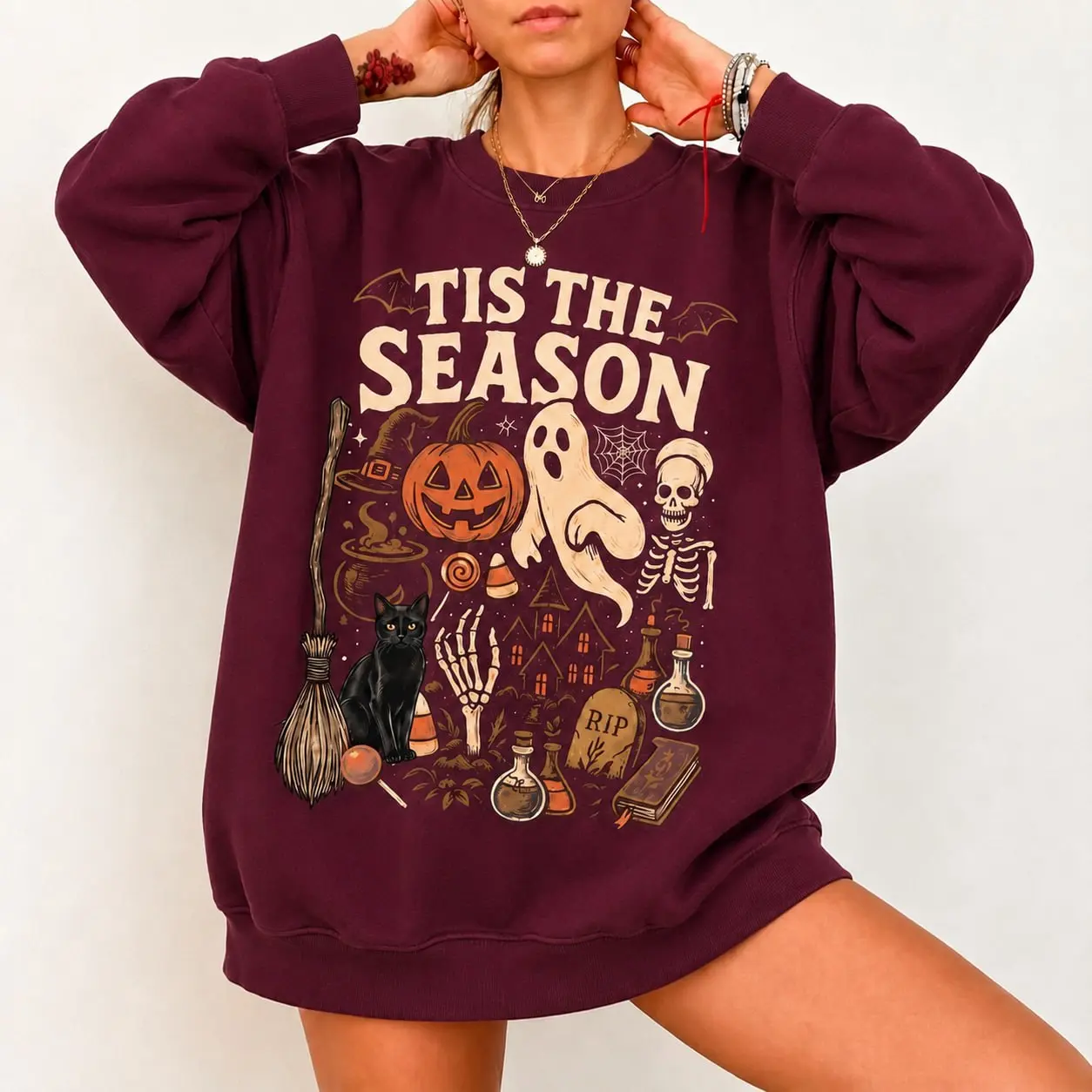 Tis the Season Halloween Sweatshirt, Vintage Ghost Pumpkin Skeleton Black Cat Graphic Crewneck, Spooky Season Fall Pullover for Women