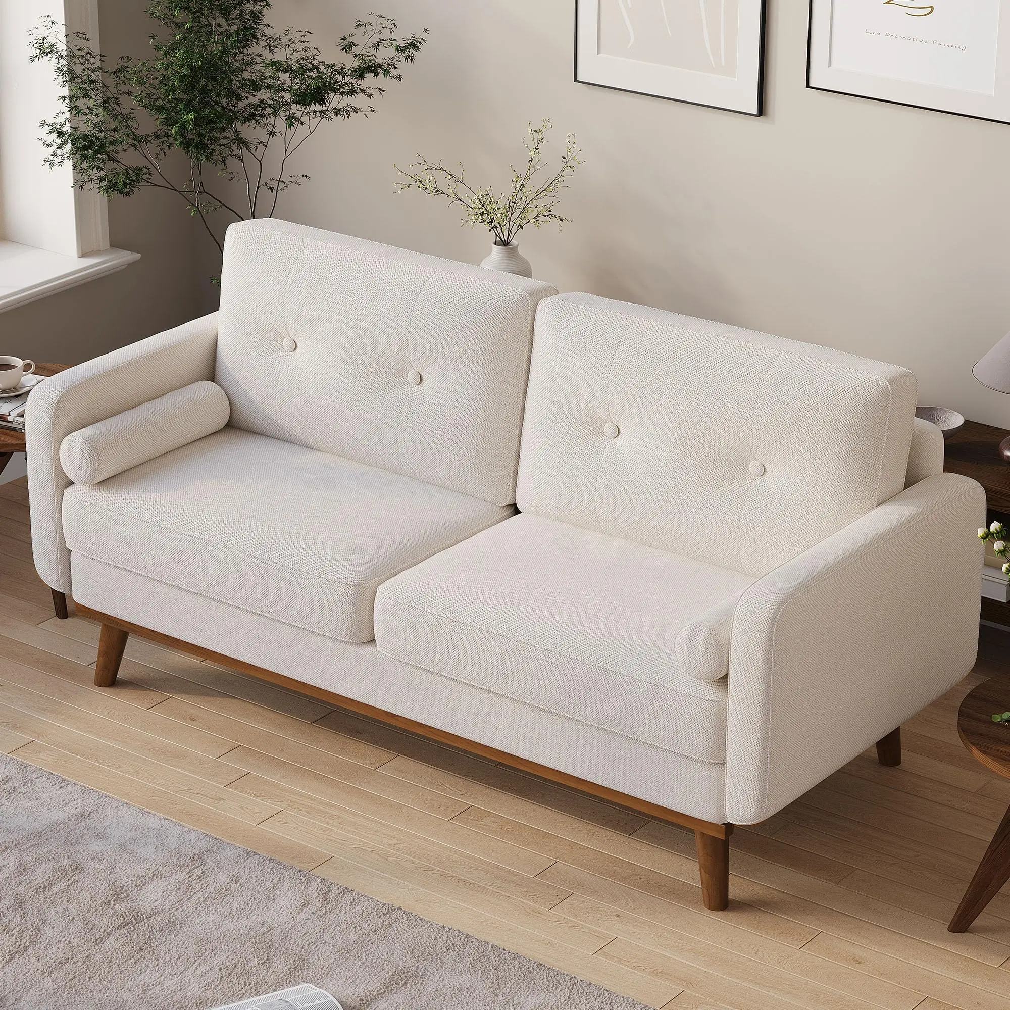Garvee 65" Mid Century Modern Couch Sofa Loveseat, Comfy Love Seat Couches for Living Room, 2 Seater Linen Upholstered Deep Seat Couch for Bedroom Office Small Space, Beige Cream