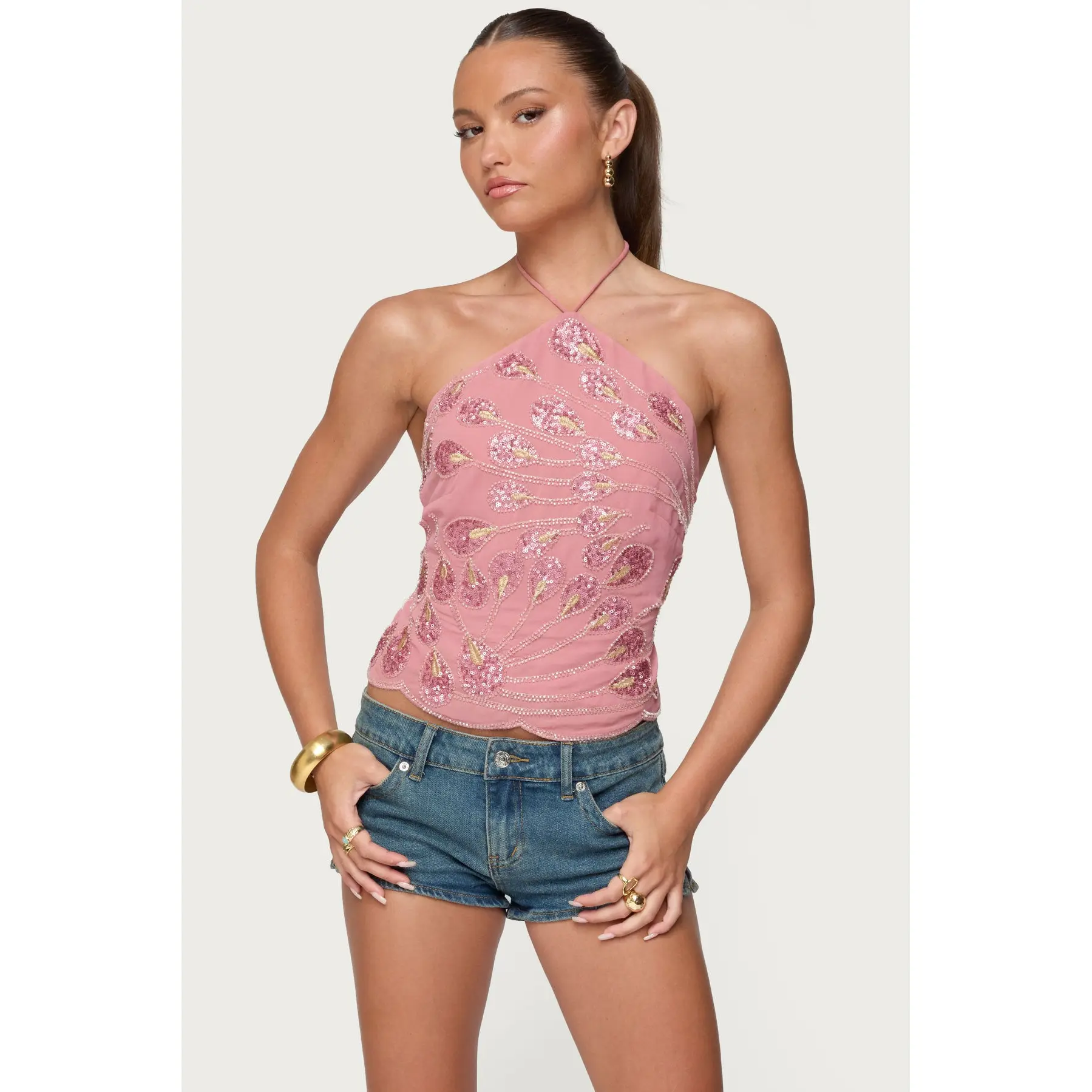 Embroidered Bead & Sequin Halter Top