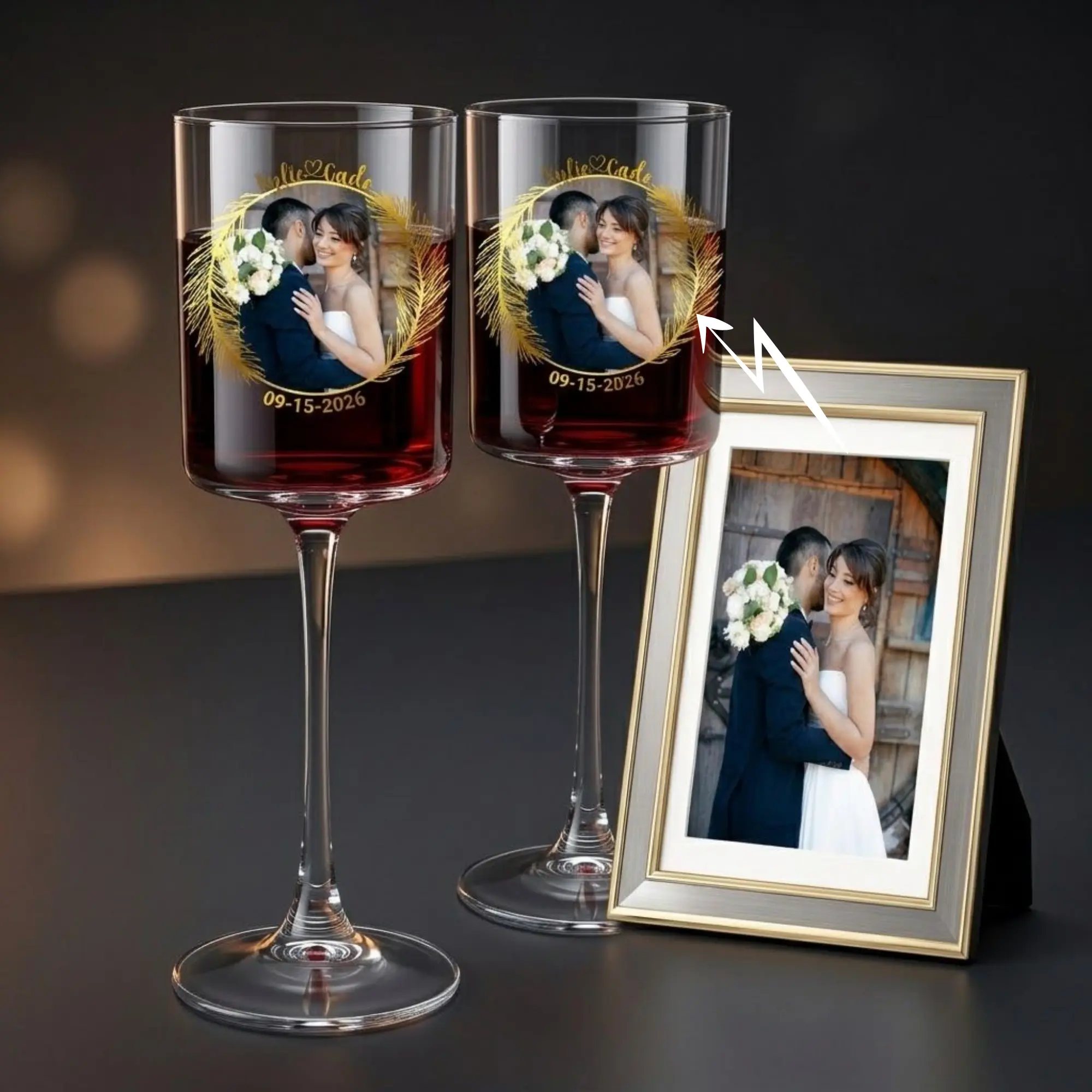 Personalized Wedding Wine Glasses Set of 2 | Custom Photo, Names & Date UV Printed 10oz Wine Glasses | Wedding Anniversary Gift for Couples