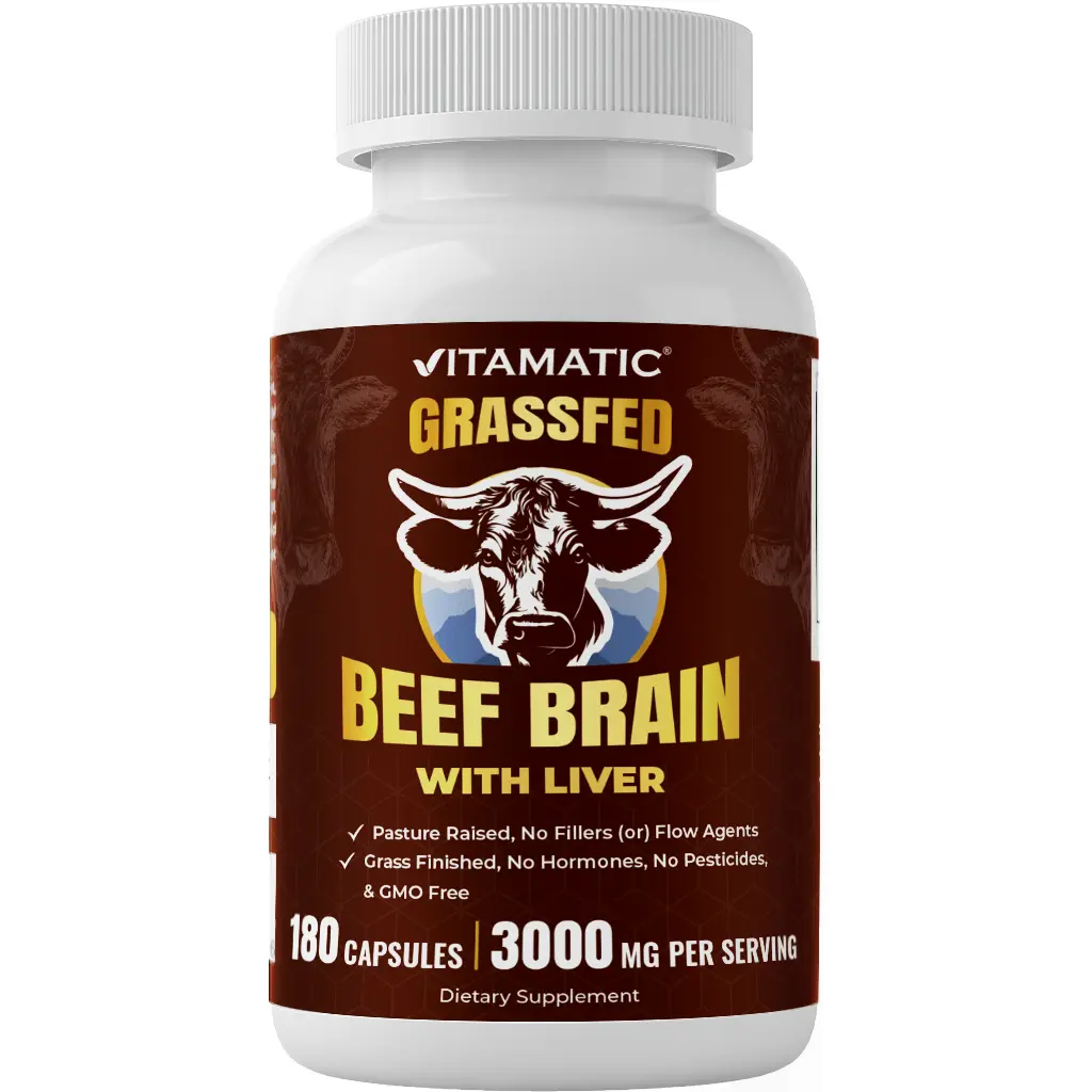 Vitamatic Grass-Fed Beef Organ Extract Supplements - 180 Freeze-Dried Capsules, 3000 MG per Serving, Pasture-Raised Glandular Mix, GMO-Free, Brain & Memory Support, Bone Support, Made in USA, Bovine Brain Inclusion, Brain & Memory Vitamins Supplements, Be
