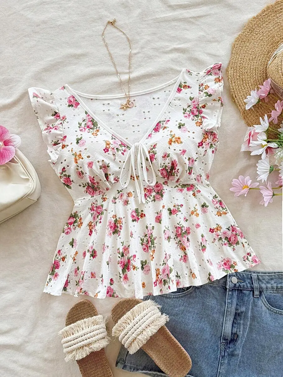 Women's White And Pink Floral Embroidered V-Neck Bow-Front Short Blouse, Featuring A Simple Summer Picnic Resort Style No Chest Padding