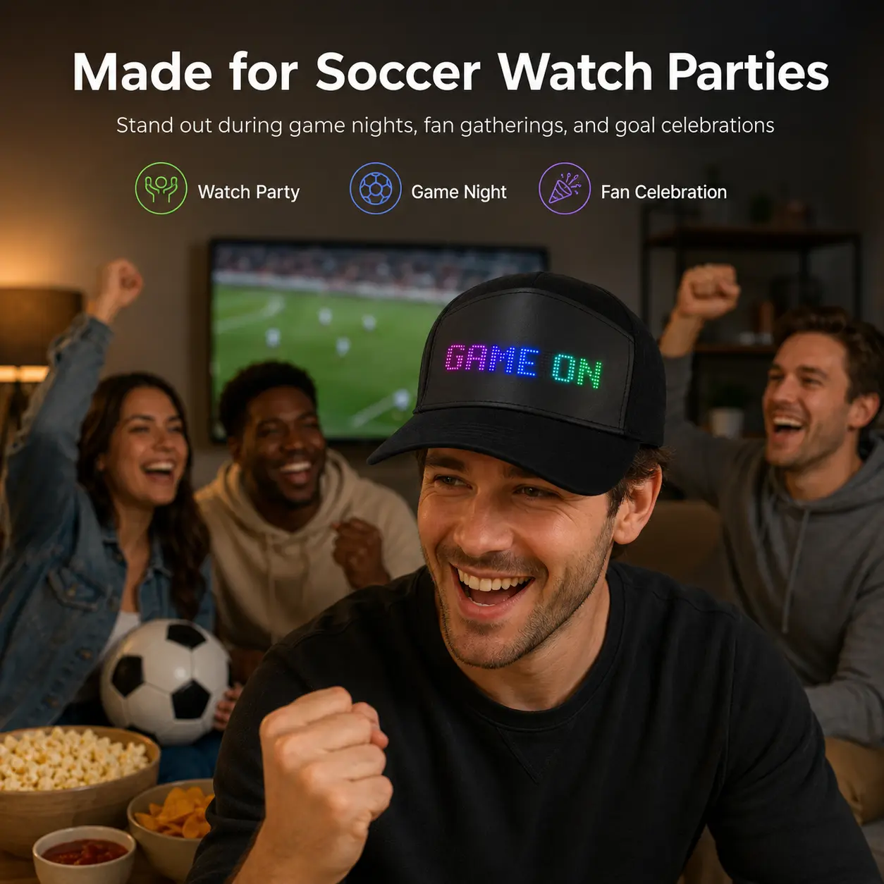 Party game hat, programmable LED hat, black accessory with scrolling text and animated display, app control, holiday and party gift