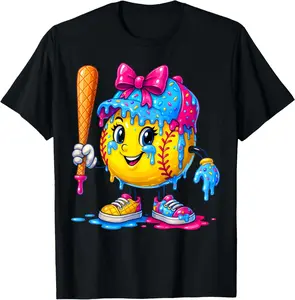 100% Cotton Softball Girls Ice Cream Drip Bat Sweet Sport Youth Game Day T-Shirt