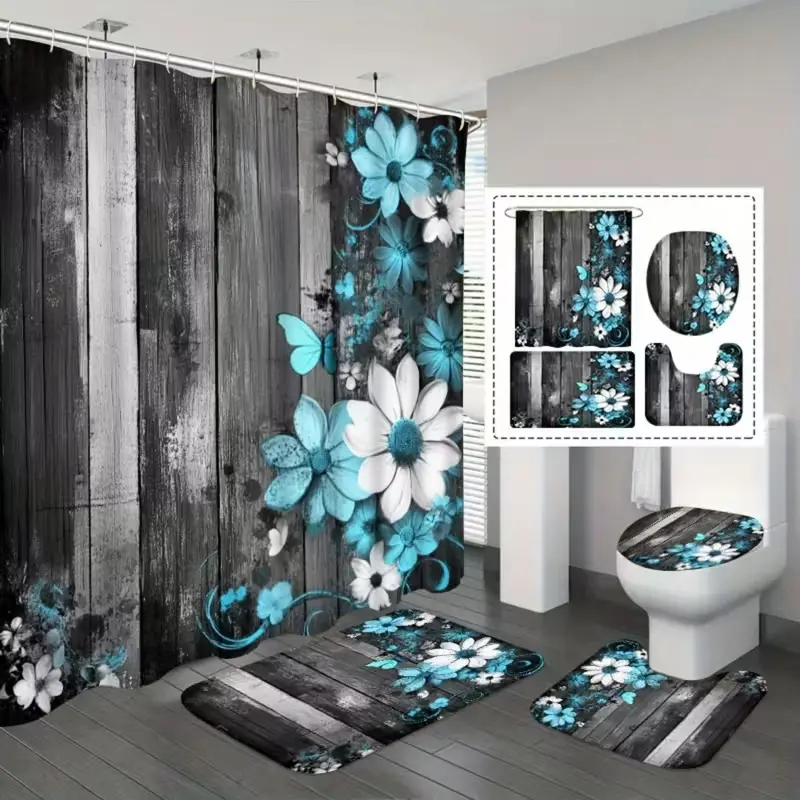 1/4-piece wood grain shower curtain set with floral and butterfly pattern, includes non-slip mat, U-shaped rug, and toilet seat cover, comes with 12 shower curtain hooks, Bathroom Supplies, Bathroom Decoration Accessories