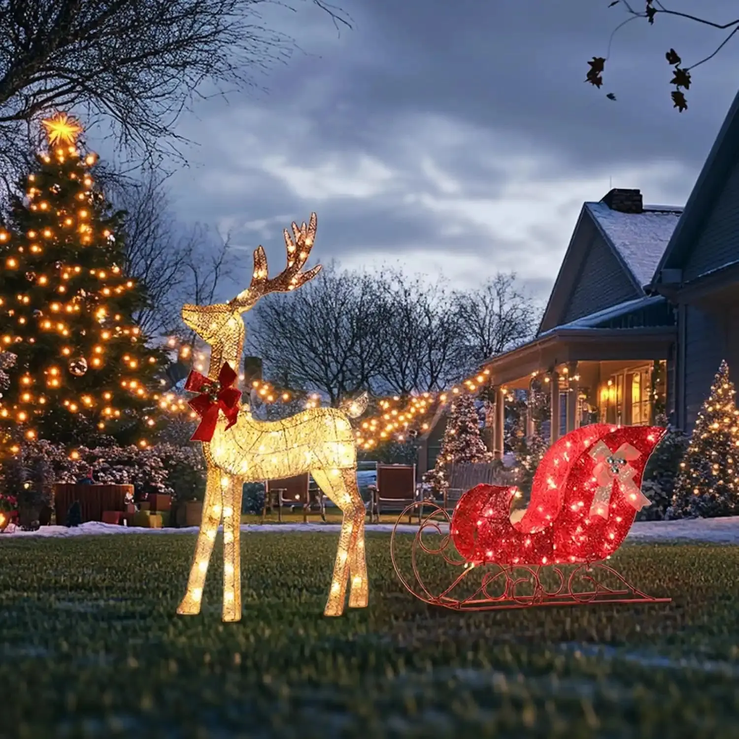 Christmas Deer Decoration Light Up Christmas Decor Deer Set With Sleigh, Holiday Outdoor & Indoor Display  PrintToucan