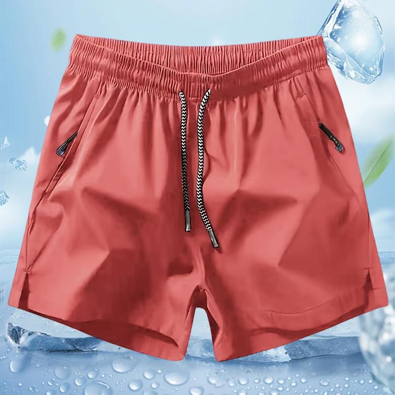 Men’s solid-color minimalist drawstring  with zippered pockets; men’s   -waist pocket shorts;  summer men’s sports bottoms; everyday wear, suitable for spring and summer. Quick-Dry Elastic Athletic Shorts Set Casual Breathable
