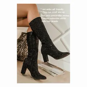 Women's Black Rhinestones-Embellished Sparkly Fashion Boots, Casual Solid Design Footwear with Side Zipper, Women's Shoe