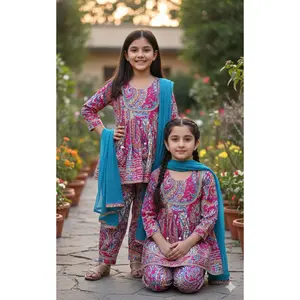 Pink & Blue Kurti Afghani Suit
