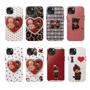 Monchhichi Cute Phone Case for iPhone 17 16 15 14 Pro Max Plus Gingham Plaid Leopard Heart Kawaii Cartoon Girly Hard Protective Shockproof Cover