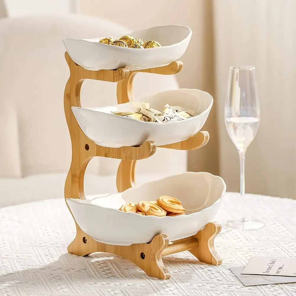 3-Tier Oval Fruit Basket with Bamboo Stand, Durable Polypropylene Kitchen Storage Rack with Bamboo Finish, Modern Fruit Basket for Kitchen and Party Serving Tray, Display Riser, Dessert Table Display, Candy Display Stand, Candy Pop Holder