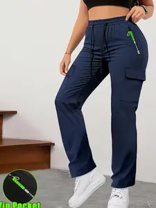 Women’s summer cargo pants with zippered pockets, stylish large pocket design with elastic waistband, casual outdoor/daily long slim-fit pants