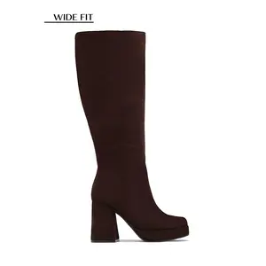 Hudson Wide Fit Platform Block Heel Boots - Brown Suede
