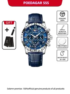 POEDAGAR luxury leisure multifunctional quartz leather men's watch, waterproof timing men's quartz watch suitable for daily wear and outdoor activities men's fashion sports watch