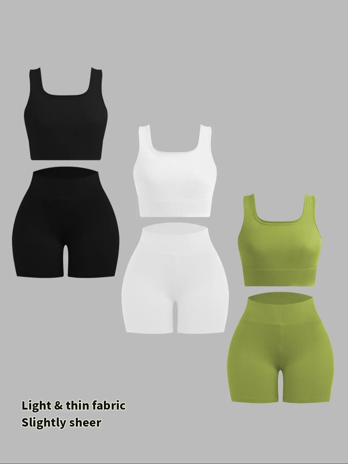 Women's Solid Crop Tank Top & High Waist Shorts Ribbed Set, Sleeveless Square Neck Crop Top & Skinny Shorts, Ladies Summer Outfits, Sporty Style Outfits, Daily Wear, Workout, Athleisure & Activewear Set
