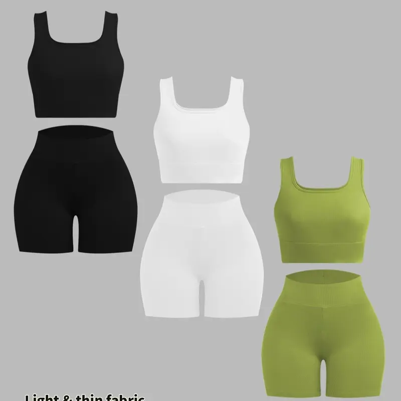 Women's Solid Crop Tank Top & High Waist Shorts Ribbed Set, Sleeveless Square Neck Crop Top & Skinny Shorts, Ladies Summer Outfits, Sporty Style Outfits, Daily Wear, Workout, Athleisure & Activewear Set, Summer Fitness Outfit