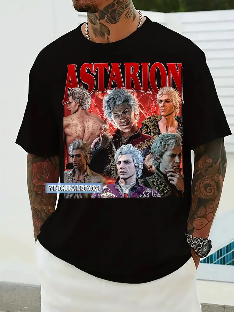 Men's 90s Vintage 100% Cotton Crew Round Neck Shortsleeve Tshirt - Classic Fit Menswear Preppy Basics Split Detail True Size Run Astarion Baldur's Gate 3 Graphic Streetwear Top, Casual Adult Gift, Fabric, Adults, Gift For Adults