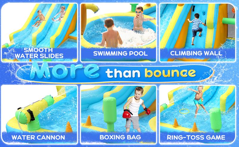 JOYMOR 11-in-1 Inflatable Water Slide for Kids Backyard w/ 2 Waterslide, 2 Basketball Hoop, Pool, Climbing Wall, Water Blasters, 1min Blow Up Water Slides Park w/ 750w Blower, Storage Bag