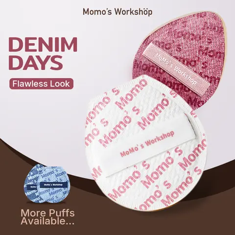 Momo's Workshop Beauty Sponge, Classy Classic Fuchsia Duo - 2-Piece Denim Powder Puffs with Storage Case, 10 ml, One Size, Smoothing for Foundation/Blush/Concealer, Flawless Finish, Travel-Friendly